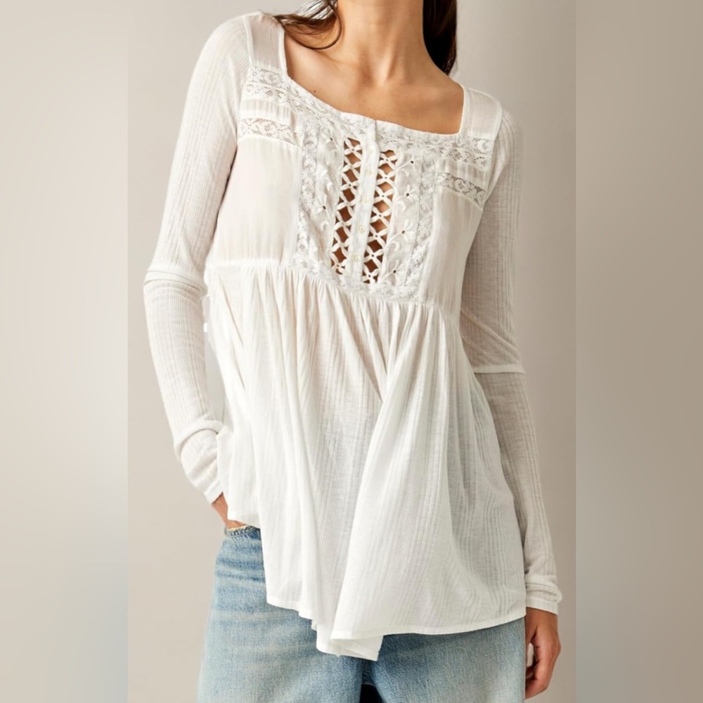 Free People Pretty Please Tunic Top /  Henley / lyrical lace tunic top NWOT